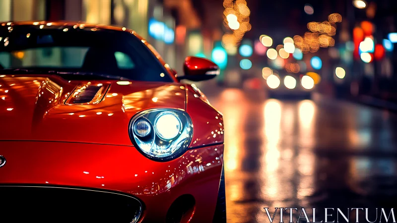 Red sports car glows under vibrant city night lights.
