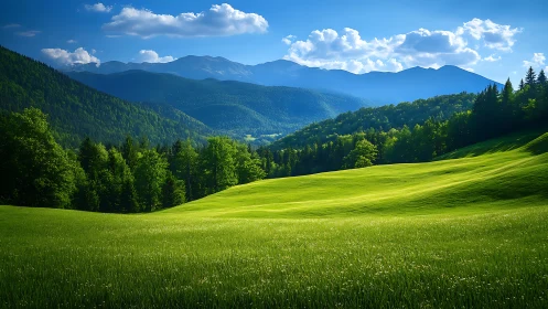 Layered mountain landscape with sunlit meadow foreground.