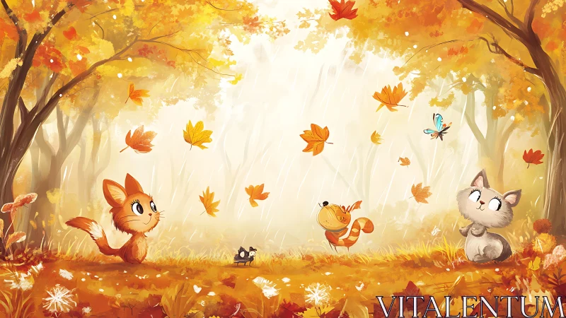 Cartoon forest animals under falling autumn leaves scene.