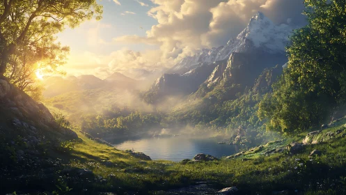 Sunlit alpine lake valley with misted evergreen mountains.