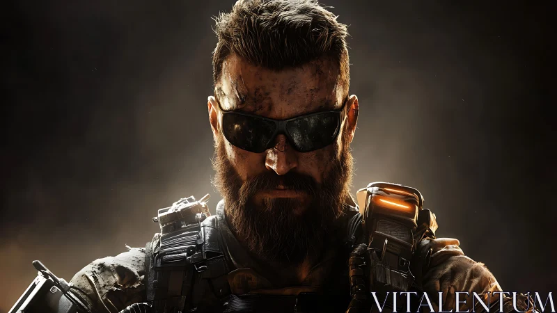 Battle-hardened cyber soldier lit by molten dusk fire.