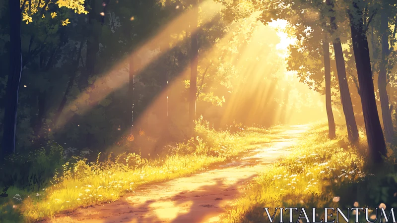 Sunlit forest path aglow with golden morning warmth.