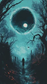 Lone wanderer under swirling void moon in haunted forest.