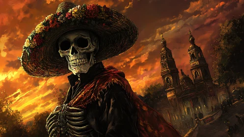 Elegant skeletal figure honors dusk in a festive city square