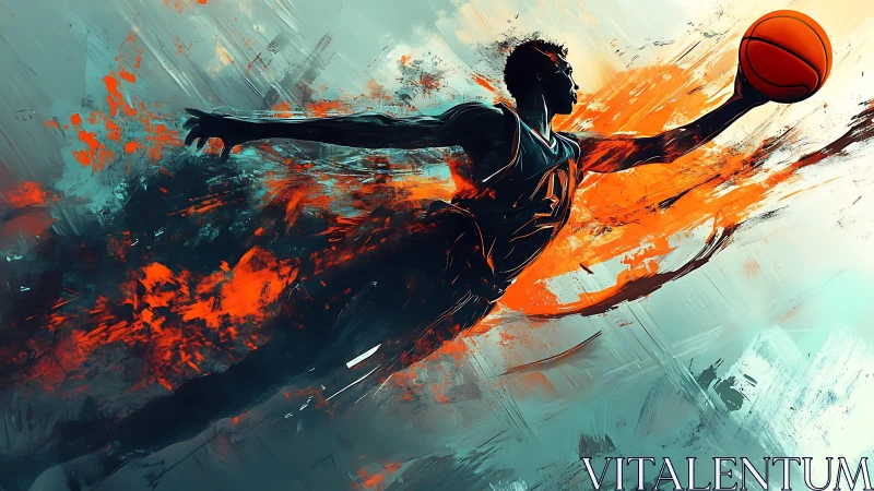 Silhouetted basketball player in motion against abstract field.