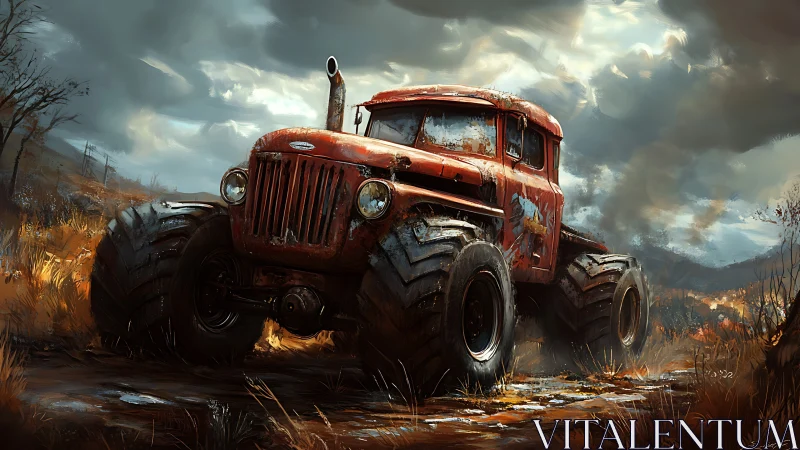 Rusty monster truck roars across a storm-swept wasteland.