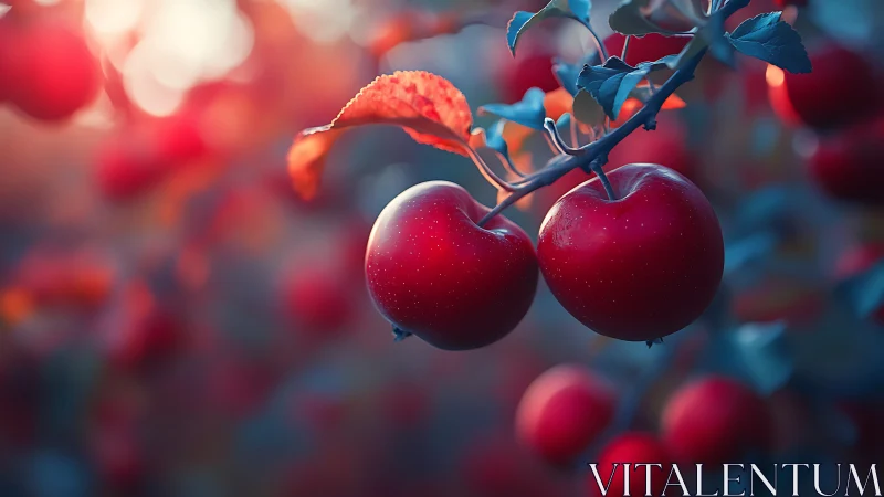 Ripe red apples glow on a branch in soft evening light.