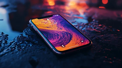 Smartphone with abstract display on wet reflective surface.