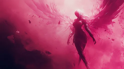 Crimson winged entity emerges through radiant astral haze.