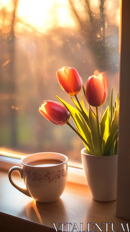 Tulips and tea cup catch warm sunrise light on window ledge