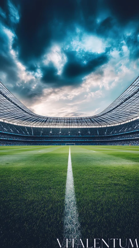 Soccer stadium field viewed from halfway line under dark clouds