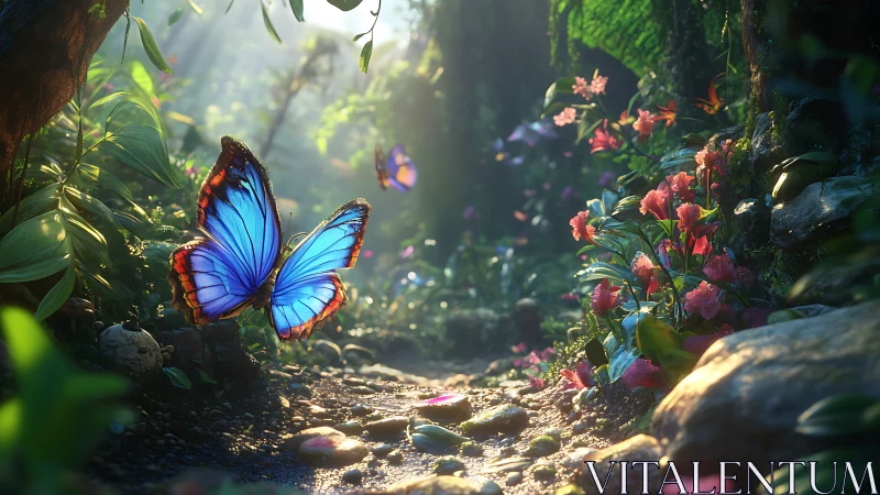 Blue morpho butterflies hover above sunlit forest path