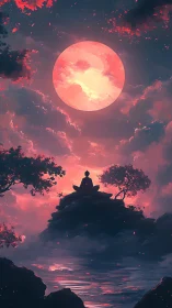 Moonlit meditator above a crimson dreamtide horizon.