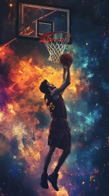 Soaring basketball player framed by cosmic nebula light.
