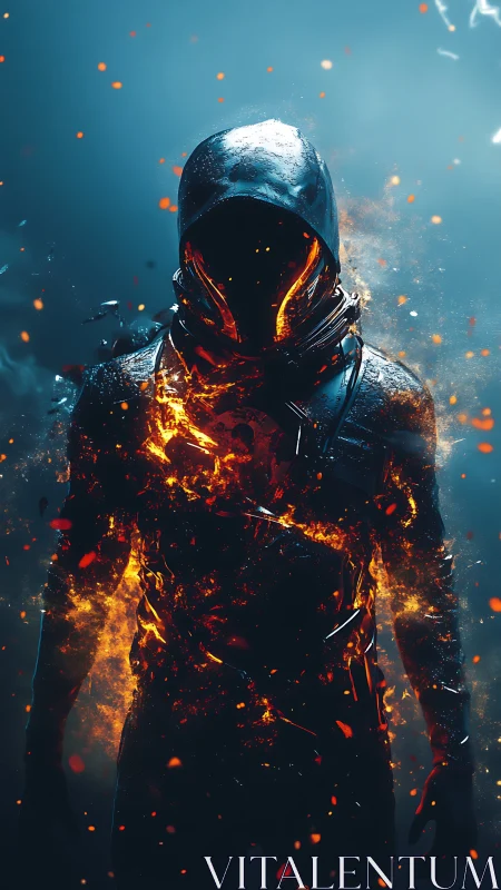 Emberborn hooded warrior ignites within stormlit shadows.