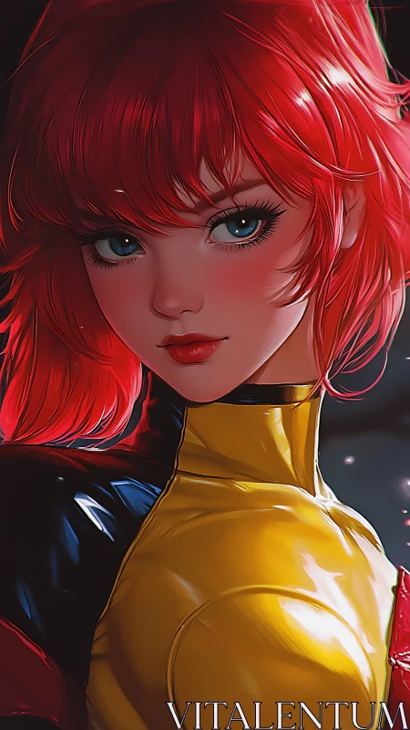 Red haired heroine in glossy yellow suit, cinematic close portrait