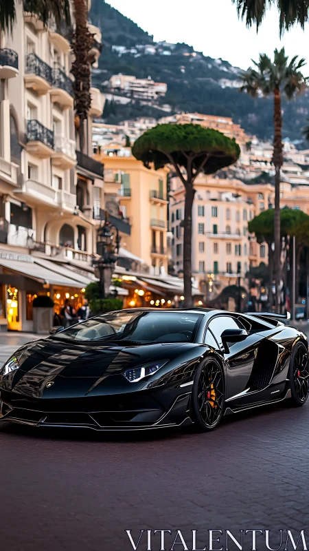 Black supercar glides through sunlit European city street
