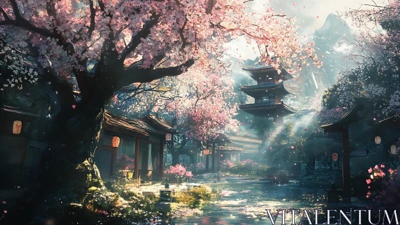 Cherry blossoms frame traditional pagoda courtyard in spring