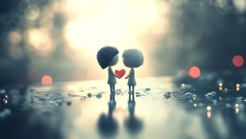 Two figures with heart symbol positioned in water environment