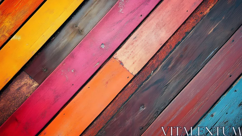 Diagonal multicolored wooden planks show surface wear patterns