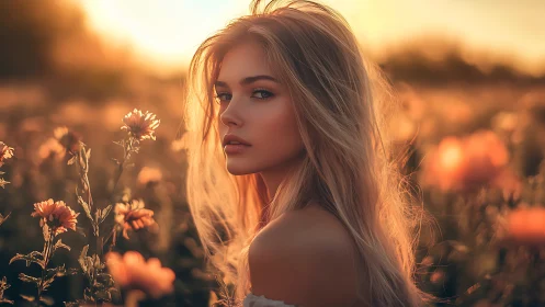 Golden hour portrait in softly glowing flower field.