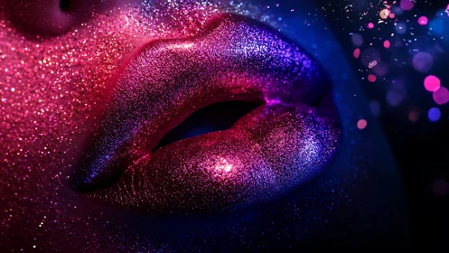 Closeup of glitter covered lips in neon pink and blue light.