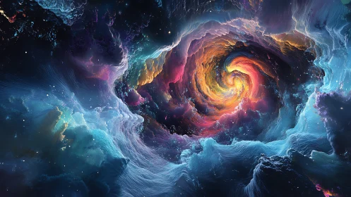 Starlit vortex unfurls in prismatic cosmic storm of color.