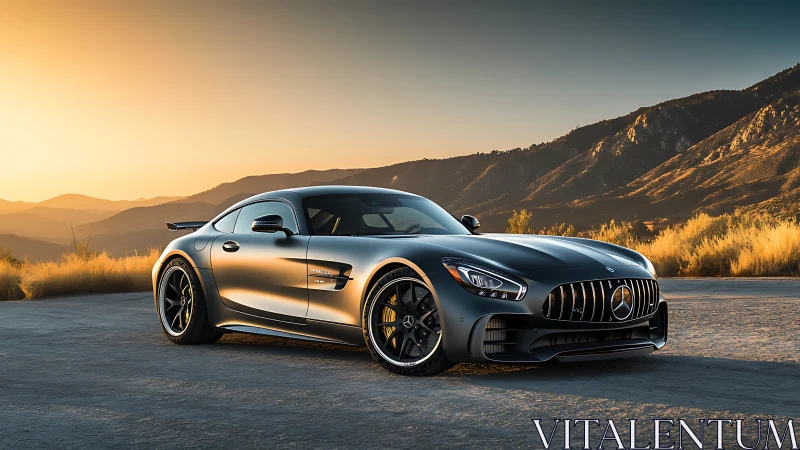 Silver performance coupe on mountain road at sunset light.
