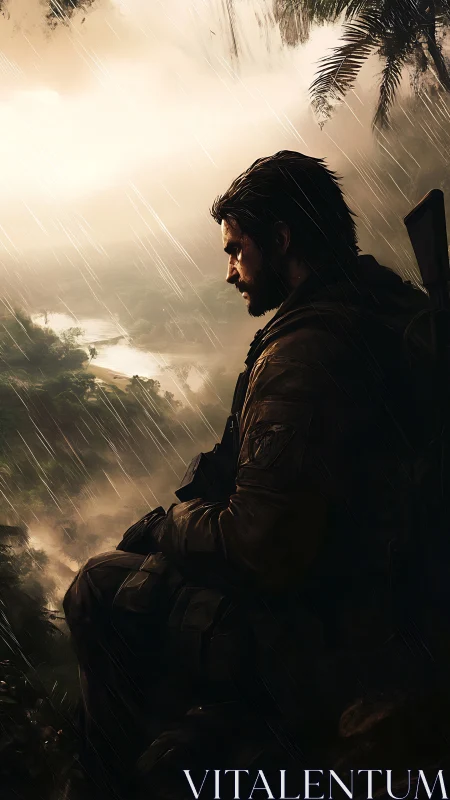 Rain-soaked soldier pauses in quiet thought above jungle
