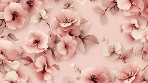 Botanical illustration displaying layered pink flowers rendered in soft color gradients.