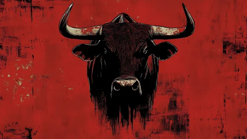 Graphic bull portrait on distressed red abstract ground.