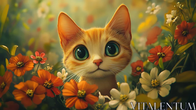 Orange cat surrounded by flowering plants in garden setting.