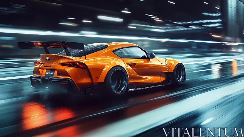 Orange sports car moves through wet city street at night
