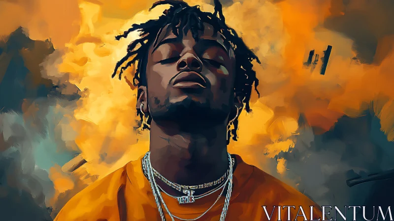 Portrait shows stylized male figure against abstract orange backdrop