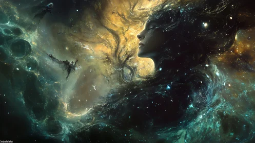 Starlit dreamer drifting through a molten cosmic tide.