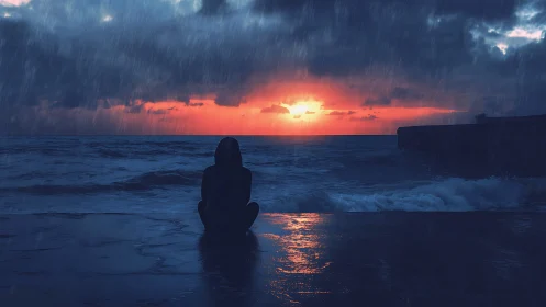 Silhouetted figure on wet shoreline at sunset in rain.