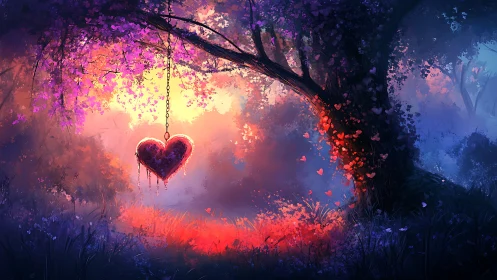 A Glowing Heart Suspended in a Magical Enchanted Forest
