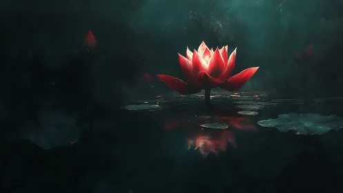 Luminous red lotus rises from dark reflective pond at night