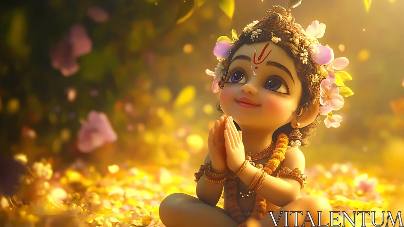 Divine child figure in golden bokeh garden, hands in prayer.