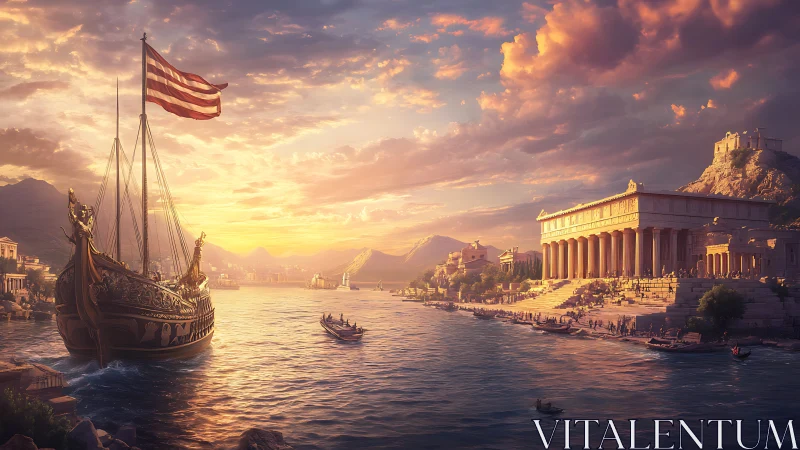 Ancient harbor scene shows trireme near classical temple at dusk
