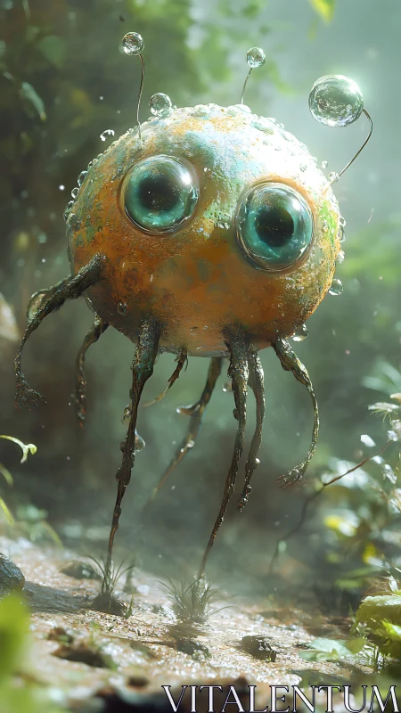 Orb-eyed alien creature explores wet forest floor.