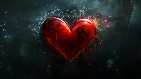 Red crystalline heart form against dark atmospheric backdrop
