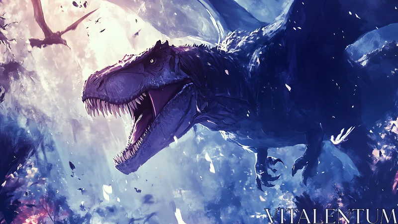 Spectral tyrannosaur charge under bifurcated chromatic sky.