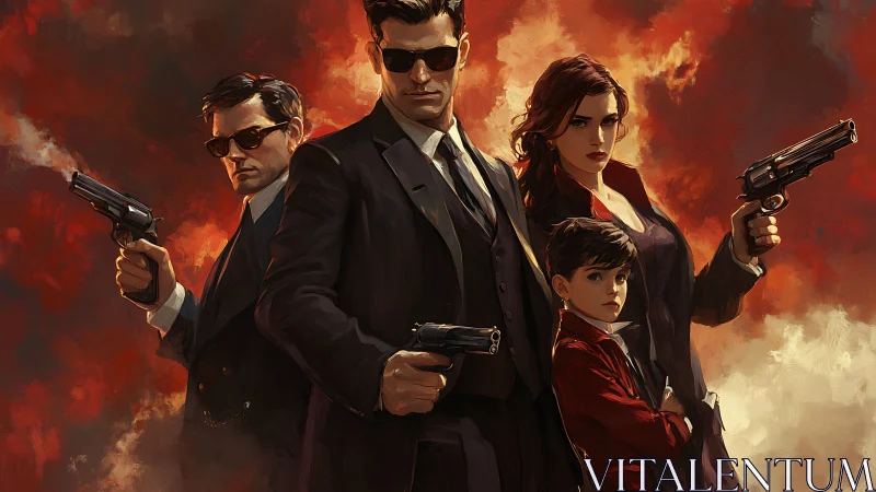 Stylish vigilante family stands united in blazing dusk.