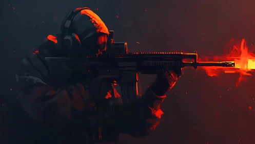 Midnight marksman framed in dramatic red muzzle flare.