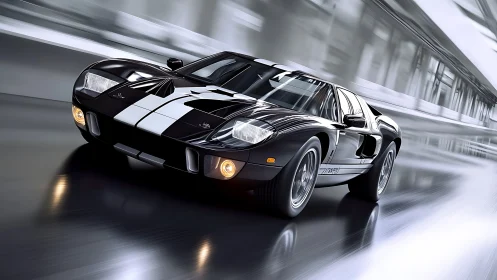 Black racing coupe with white stripes on blurred roadway.