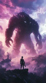 Silhouetted warrior confronting colossal glowing kaiju titan