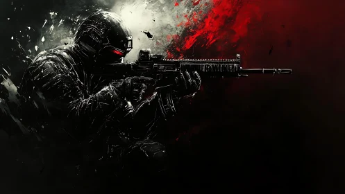 Tactical operative with assault rifle in high contrast splatter art