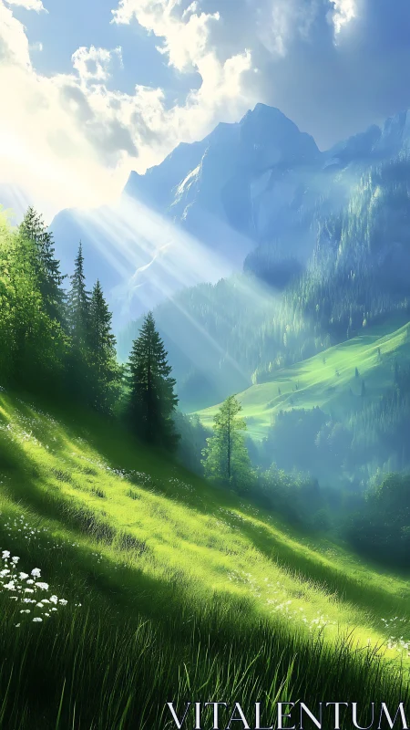 Sunlit alpine valley with mountains and green hillside.