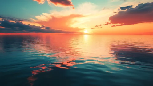 Sunset over calm ocean horizon with reflective cloud bands.